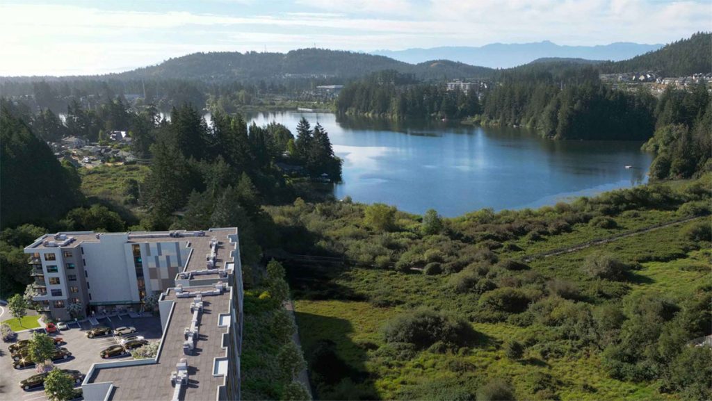 An aerial view of Trailside at the Lake, a two-building condominium development overlooking Langford Lake on Victoria's West Shore.